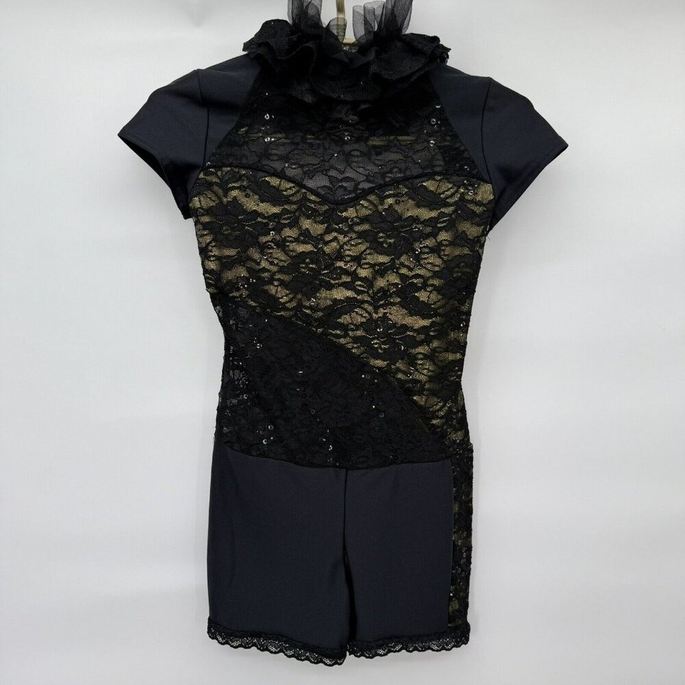 Dance‎ Costume Black Gold Sequins Jazz Child Large Open Back “Bionic”